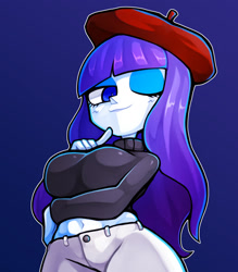 Size: 1350x1543 | Tagged: safe, artist:kyouman1010, rarity, human, equestria girls, g4, arm under breasts, beatnik rarity, belly button, beret, blue background, breasts, busty rarity, clothes, eyeshadow, female, hat, looking at you, makeup, midriff, one eye closed, outline, pants, simple background, smiling, smiling at you, solo, sweater, three quarter view, white outline, wink, winking at you