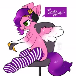Size: 2048x2046 | Tagged: safe, artist:spookyfoxinc, pipp petals, pegasus, pony, g5, my little pony: a new generation, adorapipp, chair, chest fluff, clothes, controller, cute, ear fluff, female, gamer, gamer pipp, headphones, high res, jewelry, mare, open mouth, sitting, socks, solo, spread wings, striped socks, tiara, wings