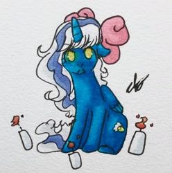 Size: 1990x2007 | Tagged: safe, artist:orcchai, oc, oc:fleurbelle, alicorn, pony, alicorn oc, bow, candle, female, hair bow, horn, looking at you, mare, solo, traditional art, wings, yellow eyes