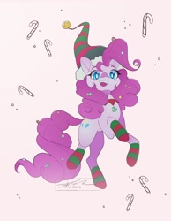 Size: 1592x2048 | Tagged: safe, artist:mindlessnik, pinkie pie, earth pony, pony, g4, bell, candy, candy cane, christmas, clothes, female, food, hat, holiday, mare, open mouth, open smile, simple background, smiling, socks, solo, striped socks, white background