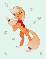 Size: 1592x2048 | Tagged: safe, artist:mindlessnik, applejack, earth pony, pony, g4, christmas, clothes, cute, female, green background, holiday, holly, jackabetes, looking at you, mare, open mouth, open smile, rearing, scarf, simple background, smiling, smiling at you, solo