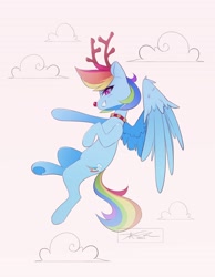 Size: 2100x2700 | Tagged: safe, artist:mindlessnik, rainbow dash, pegasus, pony, g4, animal costume, antlers, beige background, bell, bell collar, christmas, collar, costume, fake antlers, female, flying, grin, high res, holiday, mare, reindeer antlers, reindeer costume, reindeer dash, simple background, smiling, solo, underhoof