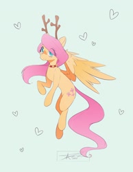 Size: 2100x2700 | Tagged: safe, artist:mindlessnik, fluttershy, pegasus, pony, g4, animal costume, antlers, bell, bell collar, christmas, collar, costume, eye clipping through hair, fake antlers, female, green background, high res, holiday, looking at you, mare, reindeer antlers, reindeer costume, simple background, smiling, smiling at you, solo