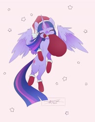 Size: 2100x2700 | Tagged: safe, artist:mindlessnik, twilight sparkle, alicorn, pony, g4, christmas, clothes, cute, eyes closed, female, hat, high res, holiday, mare, mouth hold, sack, santa hat, simple background, socks, solo, twiabetes, twilight sparkle (alicorn), white background