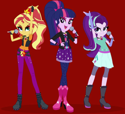 Size: 898x818 | Tagged: safe, artist:vellyglirraliayt, starlight glimmer, sunset shimmer, twilight sparkle, human, equestria girls, g4, alternate clothes, alternate hairstyle, base used, belt, boots, bra, bra strap, clothes, cutie mark accessory, cutie mark on clothes, evening gloves, eyeshadow, fingerless elbow gloves, fingerless gloves, gem, gloves, jacket, jewelry, leggings, lidded eyes, long gloves, makeup, necklace, needs more jpeg, open mouth, ponytail, red background, role reversal, shoes, simple background, singing, siren gem, skirt, smiling, standing, the dazzlings, underwear, vest
