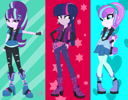 Size: 703x551 | Tagged: safe, artist:vellyglirraliayt, princess flurry heart, starlight glimmer, twilight sparkle, human, equestria girls, g4, alternate clothes, alternate design, alternate hairstyle, base used, clothes, cool, cutie mark on clothes, equestria girls-ified, eyeshadow, frown, gem, hand on hip, heart, lidded eyes, looking at you, makeup, s5 starlight, siren gem, smiling, stars, the dazzlings, trio