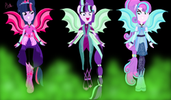 Size: 1000x585 | Tagged: safe, artist:vellyglirraliayt, princess flurry heart, starlight glimmer, twilight sparkle, human, equestria girls, g4, alternate clothes, alternate hairstyle, base used, equestria girls-ified, female, fin wings, fins, fog, gem, siren gem, the dazzlings, trio, trio female, wings