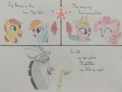 Size: 4160x3120 | Tagged: safe, artist:don2602, discord, flash magnus, pinkie pie, rainbow dash, somnambula, draconequus, earth pony, pegasus, pony, comic:star of christmas, g4, abs cbn all star, cape, clothes, eyes closed, filipino, lantern, looking at each other, looking at someone, raised arm, singing, song reference, traditional art, translated in the description