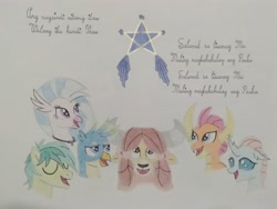 Size: 4160x3120 | Tagged: safe, artist:don2602, gallus, ocellus, sandbar, silverstream, smolder, yona, changedling, changeling, dragon, earth pony, griffon, hippogriff, pony, yak, comic:star of christmas, g4, abs cbn all star, bow, eyes closed, filipino, hair bow, jewelry, lantern, looking up, necklace, singing, song reference, student six, traditional art, translated in the description
