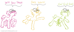 Size: 1020x447 | Tagged: safe, artist:fuckomcfuck, oc, oc only, oc:go, oc:stop, oc:wait, earth pony, pegasus, pony, unicorn, cap, hat, siblings, simple background, speech bubble, traffic light triplets, trio, triplets, white background, whiteboard fox