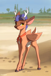 Size: 1600x2400 | Tagged: safe, artist:freeedon, oc, oc only, oc:arny, deer, deer pony, original species, peryton, antlers, beach, complex background, folded wings, neckerchief, solo, wings