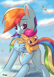 Size: 2480x3508 | Tagged: safe, artist:db, rainbow dash, scootaloo, pegasus, pony, :3, age difference, bandaid, butt, cute, cutealoo, duo focus, female, filly, filly on mare, foal, mare, nibbling, nom, plot, rainbutt dash