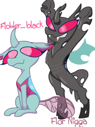 Size: 1080x1440 | Tagged: safe, artist:flower-black, derpibooru exclusive, oc, oc:flower black, changedling, changeling, duo, n word, nigga, not ocellus, ponysona, simple background, white background