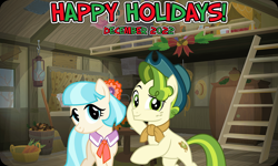 Size: 2064x1237 | Tagged: safe, anonymous artist, artist:itv-canterlot, artist:jhayarr23, edit, vector edit, coco pommel, pistachio, earth pony, pony, g4, 2022, christmas, cocachio, december, female, friendship, happy holidays, hearth's warming, holiday, male, mare, song reference, stallion, sweet acorn orchard, vector, youtube link in the description