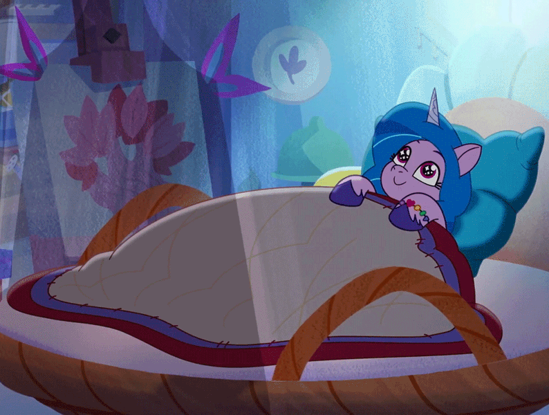 3015878 - safe, screencap, izzy moonbow, pony, unicorn, g5, my little pony:  tell your tale, sneaksy strikes again, spoiler:g5, spoiler:my little pony:  tell your tale, animated, bed, blanket, cropped, cute, eye shimmer,