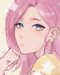 Size: 1080x1351 | Tagged: safe, artist:iiza0_0, fluttershy, human, g4, ear piercing, earring, female, humanized, jewelry, looking at you, piercing, solo, stars