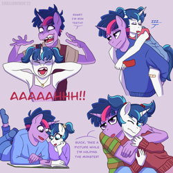 Size: 2048x2048 | Tagged: safe, artist:shallowwin, shining armor, twilight sparkle, unicorn, anthro, plantigrade anthro, g4, adorkable, age swap, braces, brother and sister, clothes, cute, dork, dusk shine, female, gleaming shield, heart, high res, love, male, pigtails, role reversal, rule 63, sibling love, siblings, stocking feet, the pose, unicorn twilight