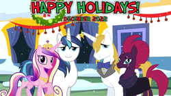 Size: 2064x1161 | Tagged: safe, anonymous artist, artist:90sigma, prince blueblood, princess cadance, shining armor, tempest shadow, alicorn, pony, unicorn, g4, 2022, berryblood, canterlot, christmas, december, female, friendship, happy holidays, hearth's warming, holiday, male, ship:shiningcadance, shipping, song reference, straight, youtube link in the description