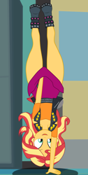 Size: 1900x3761 | Tagged: safe, artist:gmaplay, sunset shimmer, human, equestria girls, g4, chisato challenge, clothes, denied, handstand, open mouth, open smile, skirt, skirt pull, smiling, solo, upside down, upskirt denied