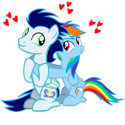 Size: 1099x1099 | Tagged: safe, artist:mlplary6, rainbow dash, soarin', pegasus, pony, g4, boyfriend and girlfriend, duo, female, heart, hug, looking at each other, looking at someone, love, male, mare, ship:soarindash, shipping, simple background, sitting, smiling, smiling at each other, stallion, straight, transparent background, vector