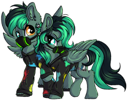 Size: 3300x2684 | Tagged: safe, artist:julunis14, oc, oc only, oc:lunar thunder, oc:target strike, pegasus, pony, 2023 community collab, derpibooru community collaboration, brother and sister, clothes, duo, ear piercing, earring, female, gas mask, heterochromia, high res, hoodie, jewelry, male, mask, paint, piercing, respirator, siblings, simple background, transparent background, twins