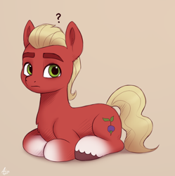 Size: 974x979 | Tagged: safe, artist:luminousdazzle, derpibooru exclusive, sprout cloverleaf, earth pony, pony, g5, confused, cute, full body, gradient hooves, lying down, male, ponyloaf, prone, question mark, simple background, solo, sproutbetes, stallion, unshorn fetlocks