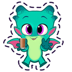 Size: 512x512 | Tagged: safe, edit, gameloft, sparky sparkeroni, dragon, g5, my little pony: mane merge, baby, baby dragon, chocolate, chocolate milk, dragon wings, freckles, holding, male, meme, milk, no nose, open mouth, open smile, reaching, simple background, smiling, solo, spread wings, sticker, transparent background, wings