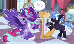 Size: 1280x769 | Tagged: safe, artist:twilightpriincess, oc, oc:andromeda, oc:orpheus, alicorn, earth pony, pony, female, harp, height difference, magical lesbian spawn, male, mare, musical instrument, offspring, pale belly, parent:starlight glimmer, parent:twilight sparkle, parents:twistarlight, physique difference, slender, stallion, thin