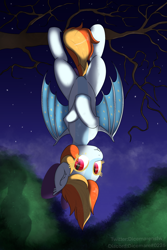 Size: 2000x3000 | Tagged: safe, artist:dicemarensfw, oc, oc:vega, bat pony, bat pony oc, bat wings, cute, fangs, hanging, hanging upside down, high res, looking at you, night, solo, tree, tree branch, upside down, wings