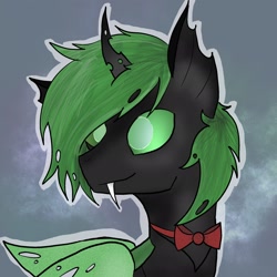 Size: 2048x2048 | Tagged: safe, artist:thezeranova, oc, oc only, changeling, pony, unicorn, abstract background, bowtie, bust, changeling oc, green changeling, green eyes, green hair, happy, high res, horn, portrait, sharp teeth, smiling, teeth