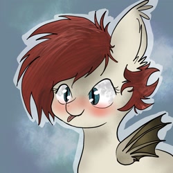 Size: 2048x2048 | Tagged: safe, artist:thezeranova, oc, oc only, oc:soft symphony, bat pony, pony, abstract background, baby, baby pony, bat pony oc, child, cute, fluffy, foal, high res, red hair, tongue out, wings