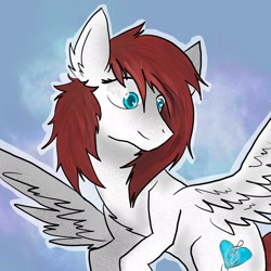 Size: 2048x2048 | Tagged: safe, artist:thezeranova, oc, oc only, pegasus, pony, abstract background, blue eyes, bust, digital art, drawing, high res, next generation, pony oc, portrait, procreate app, red hair, red mane, white fur, wings