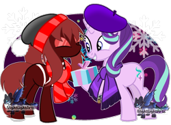 Size: 1280x937 | Tagged: safe, artist:ashakalovsky, artist:nightlightartz, starlight glimmer, earth pony, pony, unicorn, g4, beanie, beret, christmas, clothes, commission, crossover, cute, duo, glimmerbetes, grin, hat, holiday, male, marvel, mary jane watson, ponified, present, raised hoof, scarf, simple background, smiling, spider-man, spider-woman, striped scarf, superhero, superhero costume, transparent background, ych result