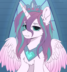 Size: 1448x1556 | Tagged: safe, alternate version, artist:trickate, princess flurry heart, alicorn, pony, g4, cheek fluff, chest fluff, ear fluff, exhausted, female, frown, jewelry, lidded eyes, looking at you, mare, older, older flurry heart, shoulder fluff, sitting, solo, spread wings, tiara, tired, wings