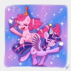 Size: 1280x1280 | Tagged: safe, artist:galaxy swirl, pinkie pie, twilight sparkle, alicorn, earth pony, pony, g4, cute, diapinkes, duo, duo female, eyes closed, female, grin, happy, happy new year, hat, holiday, hoof hold, horn, mare, open mouth, open smile, party hat, raised hoof, smiling, sparkler (firework), spread wings, twiabetes, twilight sparkle (alicorn), unshorn fetlocks, wings