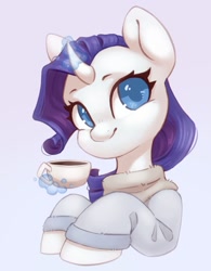 Size: 841x1079 | Tagged: safe, artist:melodylibris, rarity, pony, unicorn, g4, clothes, colored pupils, cup, curved horn, cute, female, glowing, glowing horn, horn, levitation, magic, magic aura, mare, raribetes, simple background, smiling, solo, sweater, teacup, telekinesis, white background