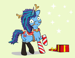 Size: 1280x990 | Tagged: safe, artist:sallycars, misty brightdawn, pony, unicorn, g5, animal costume, antlers, bell, bell collar, black socks, blushing, bow, bridle, butt, christmas, clothes, collar, costume, female, freckles, green background, grin, holiday, mare, mistybutt, ms paint, pinpoint eyes, plot, present, reindeer antlers, reindeer costume, saddle, simple background, smiling, socks, solo, stars, stockings, striped socks, tack, tail, tail bow, thigh highs