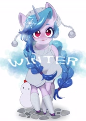 Size: 2911x4096 | Tagged: safe, artist:potetecyu_to, izzy moonbow, pony, unicorn, g5, clothes, cute, female, hat, high res, izzybetes, looking at you, mare, smiling, smiling at you, snowman, socks, solo, sweater, text, winter, winter outfit