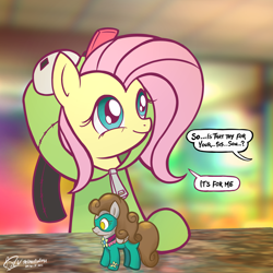 Size: 3000x3000 | Tagged: safe, artist:theratedrshimmer, fluttershy, saddle rager, pegasus, pony, antonymph, cutiemarks (and the things that bind us), g4, clothes, cute, fluttgirshy, gir, high res, hoodie, invader zim, power ponies, shyabetes, solo, spruce spanner, toy, vylet pony