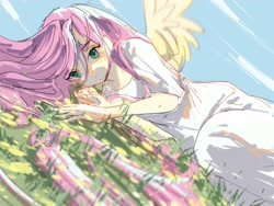 Size: 2160x1620 | Tagged: safe, artist:lendftcn, fluttershy, human, g4, clothes, dress, female, flower, grass, humanized, long hair, lying down, on side, solo, spread wings, white dress, winged humanization, wings