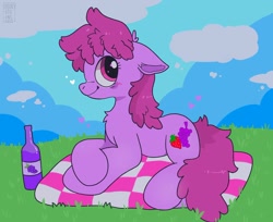 Size: 2026x1657 | Tagged: safe, artist:spookyfoxinc, berry punch, berryshine, earth pony, pony, g4, alcohol, background pony, cloud, cloudy, drunk, female, floppy ears, fluffy, grass, mare, outdoors, scenery, sitting, solo, wine