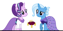Size: 907x441 | Tagged: safe, artist:kitty838, starlight glimmer, trixie, g4, clothes, dress, duo, female, lesbian, looking at each other, looking at someone, mare, marriage, pillow, ship:startrix, shipping, simple background, white background