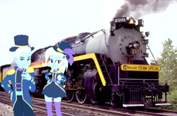 Size: 1061x697 | Tagged: safe, artist:samuel-a-dale, trixie, human, equestria girls, g4, chessie steam special, clothes, equestria girls in real life, irl, photo, reading 2101, rule 63, socks, thigh highs, train