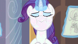 Size: 960x540 | Tagged: safe, screencap, rarity, pony, unicorn, g4, sweet and elite, animated, blushing, expansion, eyes closed, gif, glowing, glowing horn, holding breath, horn, magic, magic aura, puffy cheeks, red face, sped up, telekinesis