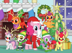 Size: 3536x2572 | Tagged: safe, artist:porygon2z, apple bloom, big macintosh, scootaloo, spike, sweetie belle, oc, oc:heatwave, dragon, earth pony, griffon, pegasus, pony, titan, unicorn, g4, adorabloom, antlers, chickub, christmas, christmas stocking, christmas tree, christmas wreath, clothes, costume, crossover, cute, cutealoo, cutie mark crusaders, diasweetes, fake beard, female, filly, fireplace, foal, griffon oc, group, high res, holiday, king clawthorne, mare, porygon2z's trio, present, santa costume, septet, show accurate, skull, the owl house, tree, window, wreath