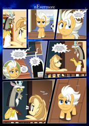 Size: 3259x4607 | Tagged: safe, artist:estories, discord, oc, oc:alice goldenfeather, oc:fable, draconequus, earth pony, pegasus, pony, comic:nevermore, g4, ..., accidental innuendo, comic, not what it looks like, onomatopoeia, open mouth, pegasus oc, sleeping, sound effects, speech bubble, we don't normally wear clothes