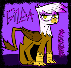 Size: 811x772 | Tagged: safe, artist:xxv4mp_g4z3rxx, gilda, griffon, g4, beak, claws, feather, female, folded wings, looking at you, signature, solo, text, wings, yellow eyes