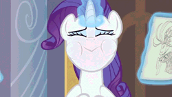 Size: 960x540 | Tagged: safe, screencap, rarity, pony, unicorn, g4, sweet and elite, animated, blushing, expansion, eyes closed, gif, glowing, glowing horn, holding breath, horn, magic, magic aura, puffy cheeks, red face, slowed down, telekinesis