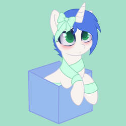 Size: 4000x4000 | Tagged: safe, artist:theriyelp, oc, oc:shifting gear, pony, unicorn, blushing, bow, box, commission, pony in a box, present, simple background, solo, ych result