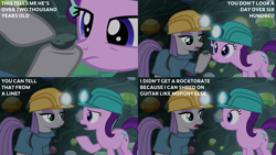 Size: 2001x1125 | Tagged: safe, edit, edited screencap, editor:quoterific, screencap, boulder (g4), maud pie, starlight glimmer, earth pony, pony, unicorn, g4, rock solid friendship, cave, dialogue, duo, gem, gemstones, helmet, mining helmet, text